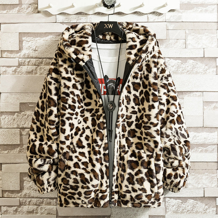 Women Cuddly Fleece Jacket with Leopard Pattern and Hood Mune
