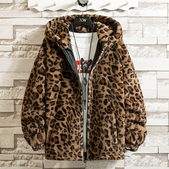 Women Cuddly Fleece Jacket with Leopard Pattern and Hood Mune