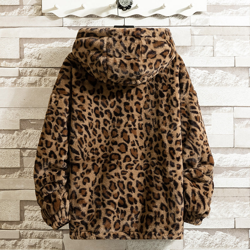 Women Cuddly Fleece Jacket with Leopard Pattern and Hood Mune
