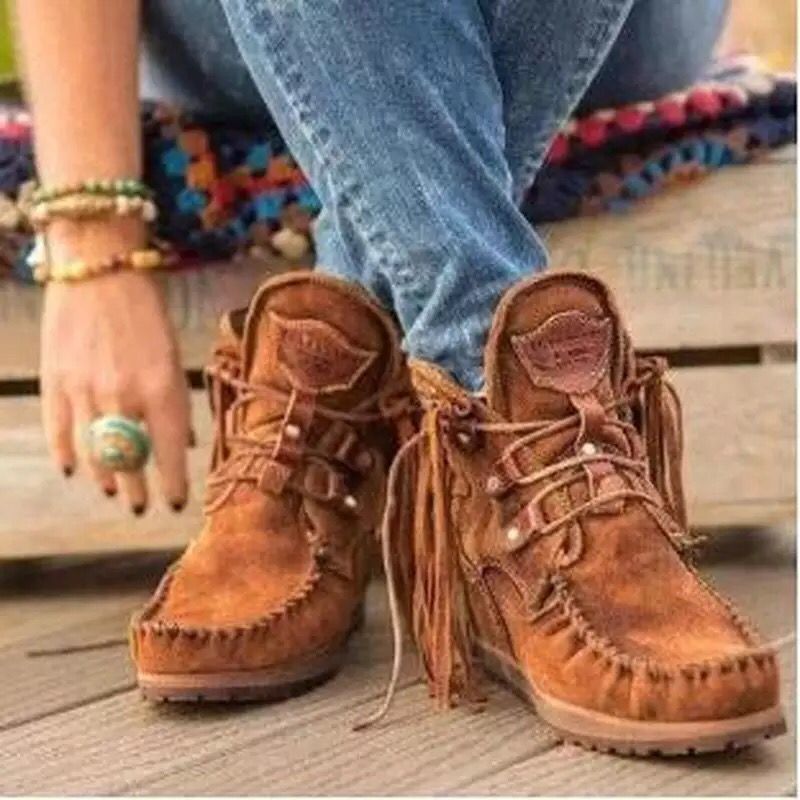 Women's Moccasin-Ankle Boot with Fringe, Lacing and Padded Comfort Footbed Mune Fashion