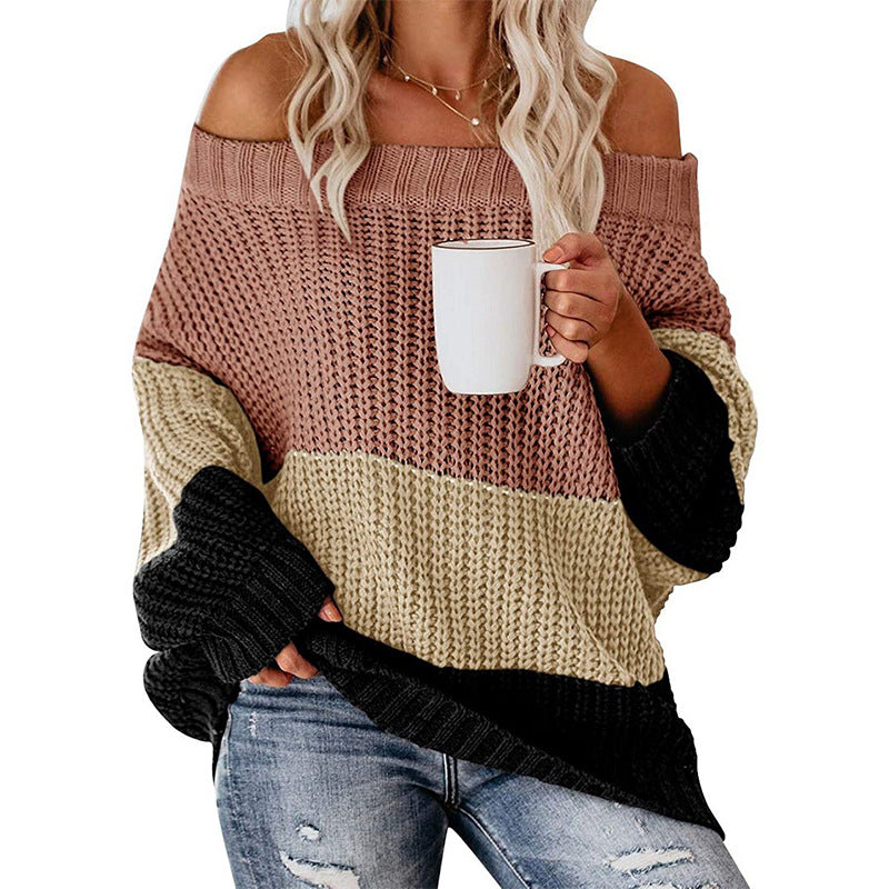 Women's Off-shoulder Oversize Block Stripe Knit Sweater Mune Fashion