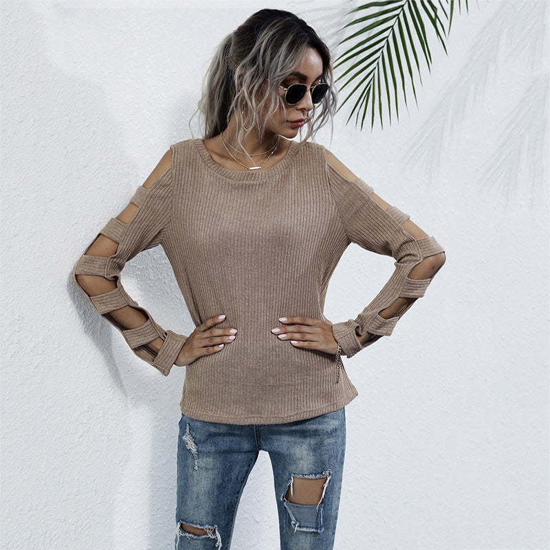 Women's ribbed knit sweater with cut-out sleeves and shoulder cutouts Mune Fashion