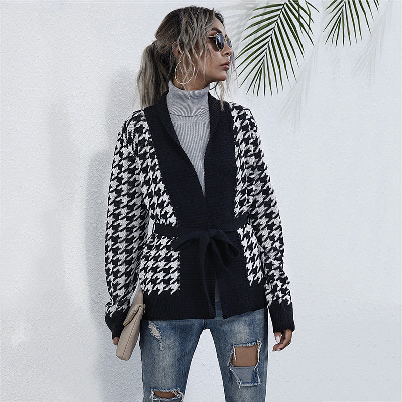 Women chunky knit cardigan in houndstooth with shawl collar and tie belt Mune Fashion