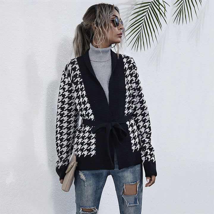 Women chunky knit cardigan in houndstooth with shawl collar and tie belt Mune Fashion