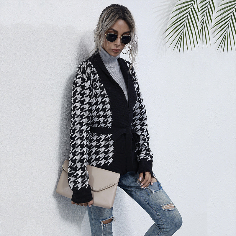 Women chunky knit cardigan in houndstooth with shawl collar and tie belt Mune Fashion