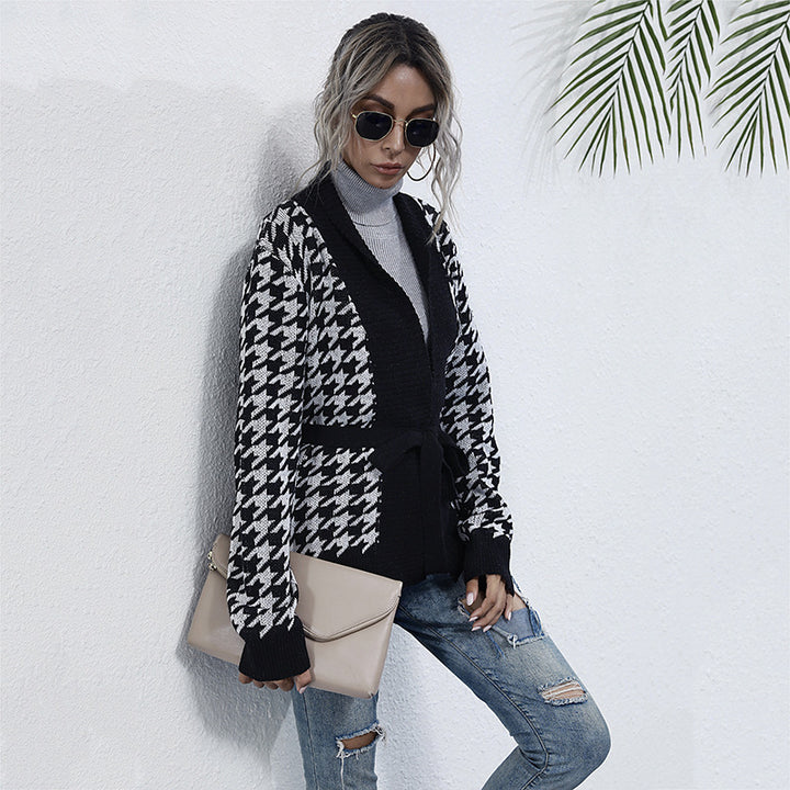 Women chunky knit cardigan in houndstooth with shawl collar and tie belt Mune Fashion