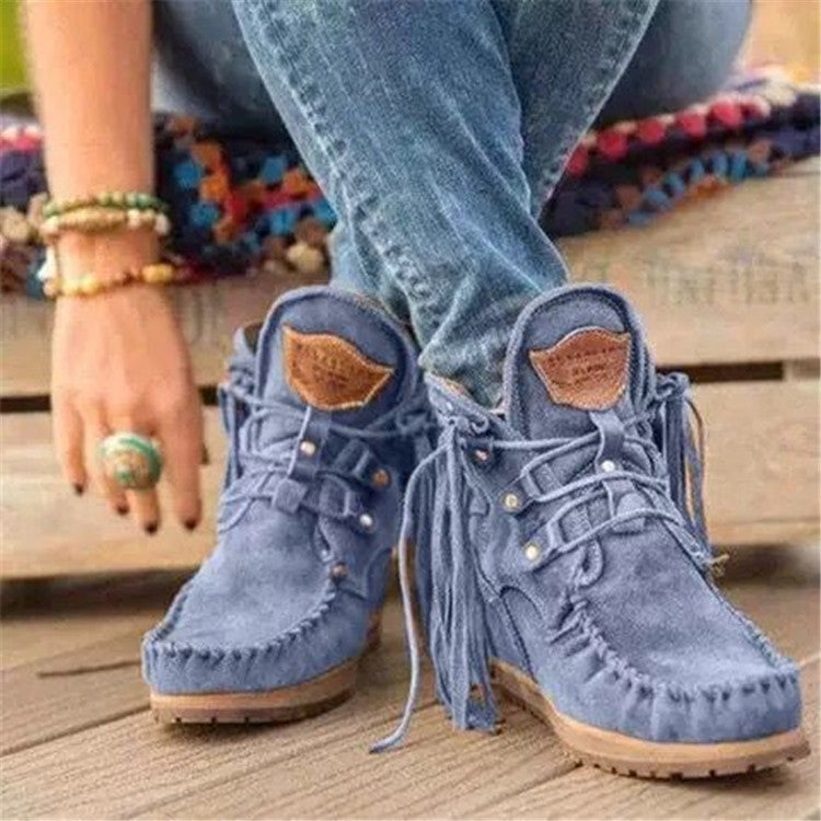 Women's Moccasin-Ankle Boot with Fringe, Lacing and Padded Comfort Footbed Mune Fashion