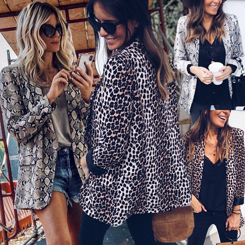 Women's Lightweight Long Blazer with Snake Print, Open Front and Patch Pockets Mune Fashion
