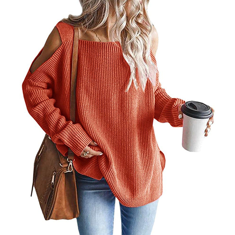 Women's Oversized Knit Sweater with Cut-Out Shoulder, Ribbed Fine Knit and Wide U Boat Neck Mune Fashion