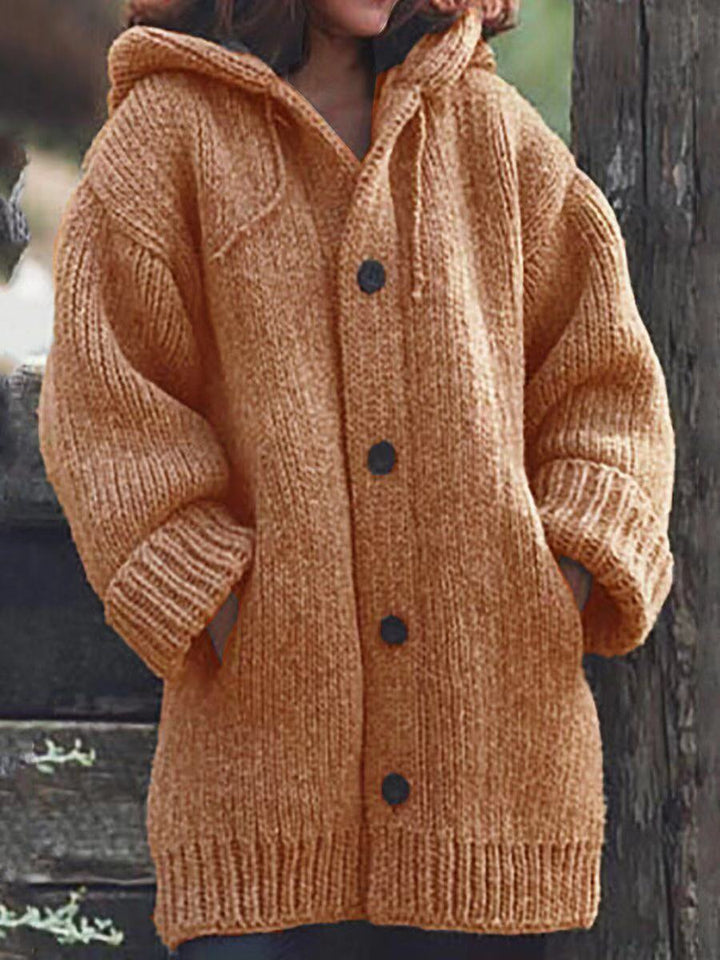 Women Long Slouchy Chunky Knit Coat Cardigan with Hood, Dropped Shoulder and Large Buttons Mune Fashion