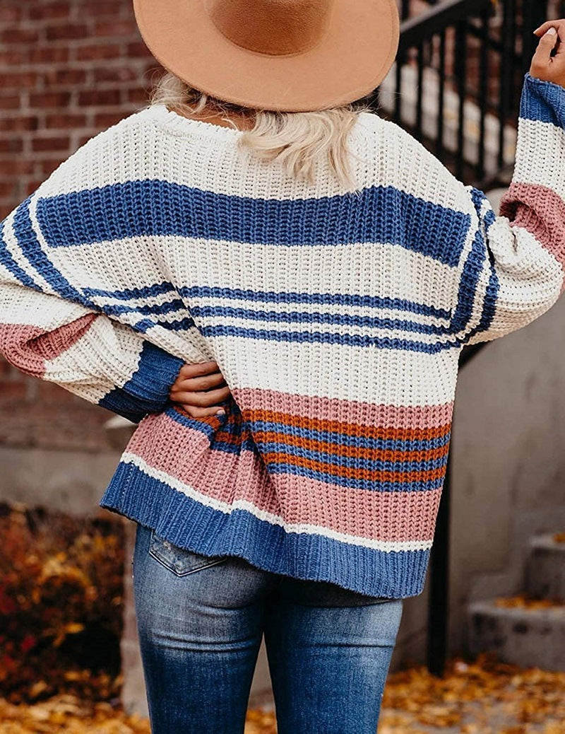 Women's Oversize Waffle Knit Sweater with Block Stripes and Dropped Shoulders Mune Fashion