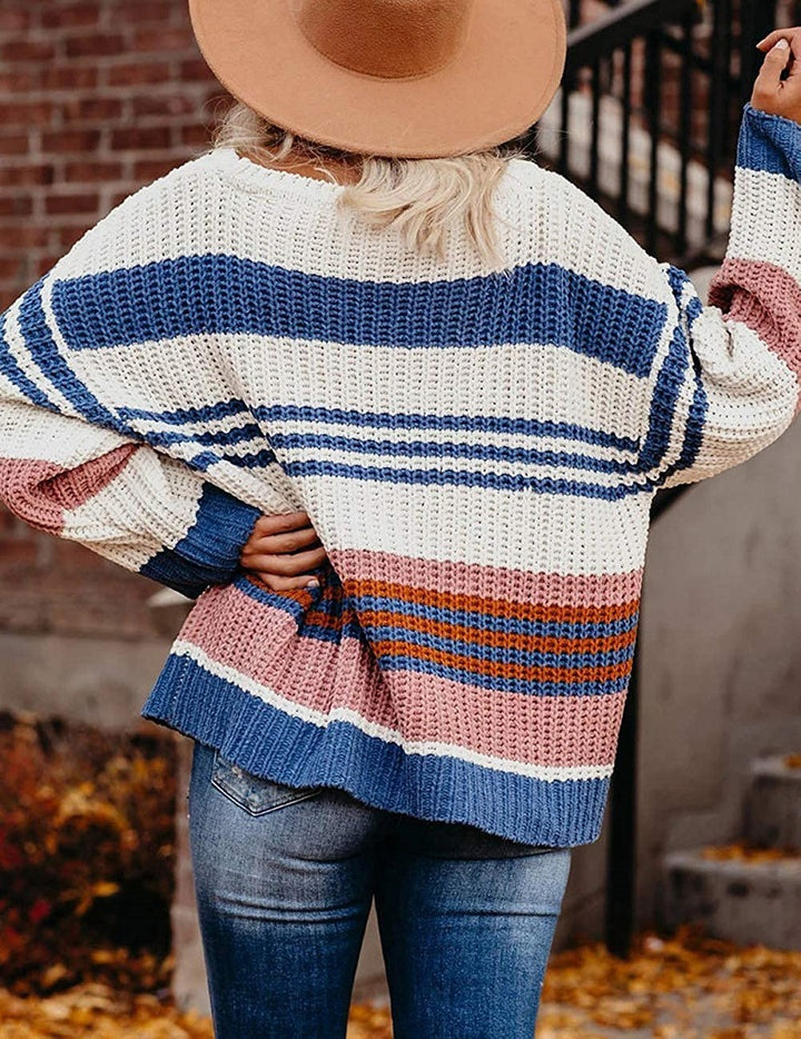 Women's Oversize Waffle Knit Sweater with Block Stripes and Dropped Shoulders Mune Fashion
