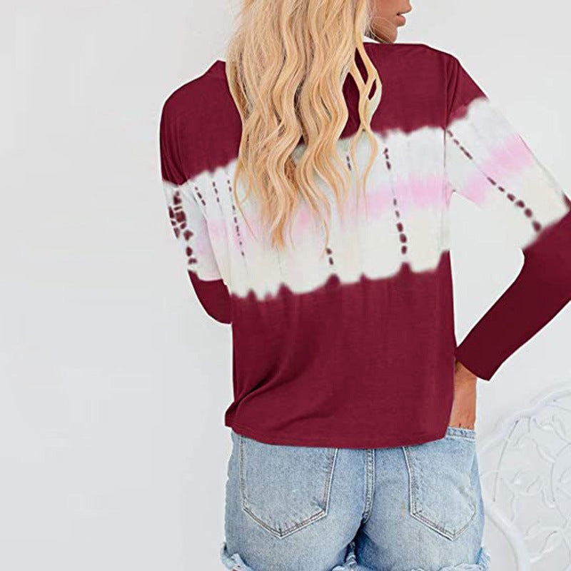 Women's Casual Long Sleeve Henley Shirt with Horizontal Tie-Dye Panel Drune