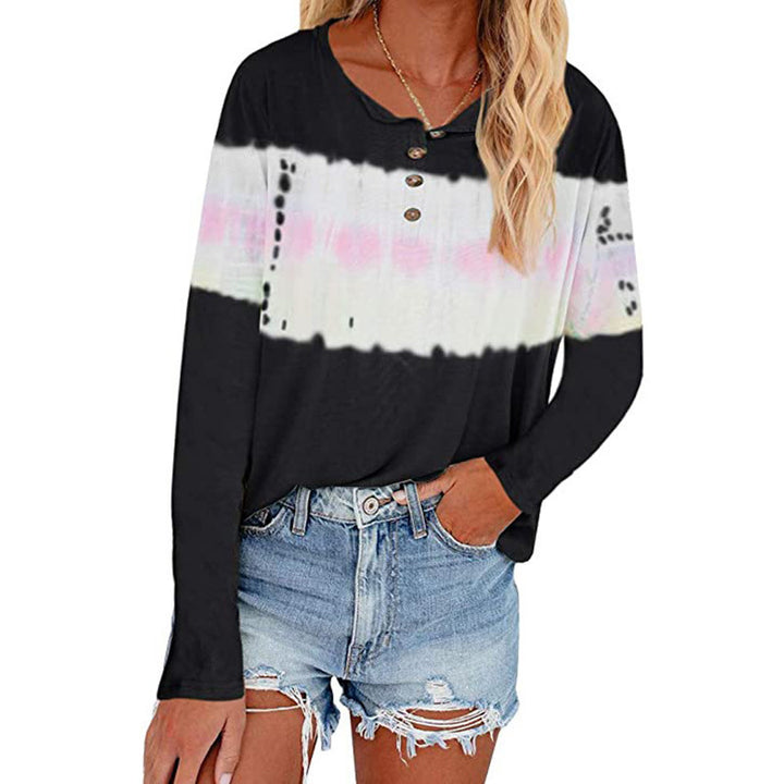 Women's Casual Long Sleeve Henley Shirt with Horizontal Tie-Dye Panel Drune