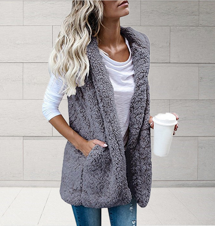 Women nan fluffy teddy vest with shawl collar and welt pockets Mune Fashion