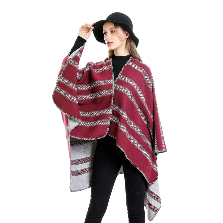 Ladies Oversize Ruana with graphic longitudinal jacquard stripes and open kimono fall Mune Fashion