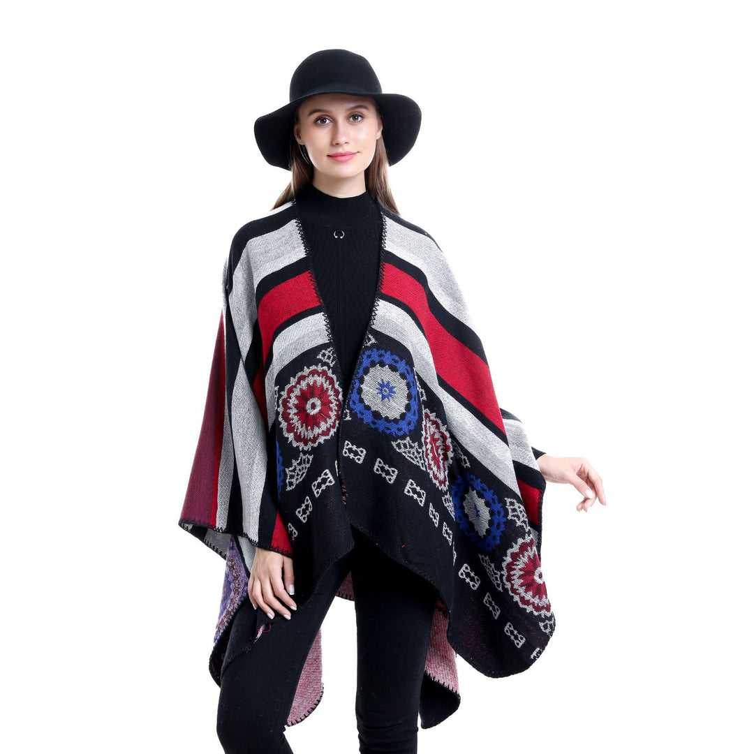Women Oversize Ruana Poncho with V-neck and ornamental Jacquard weaving Mune Fashion