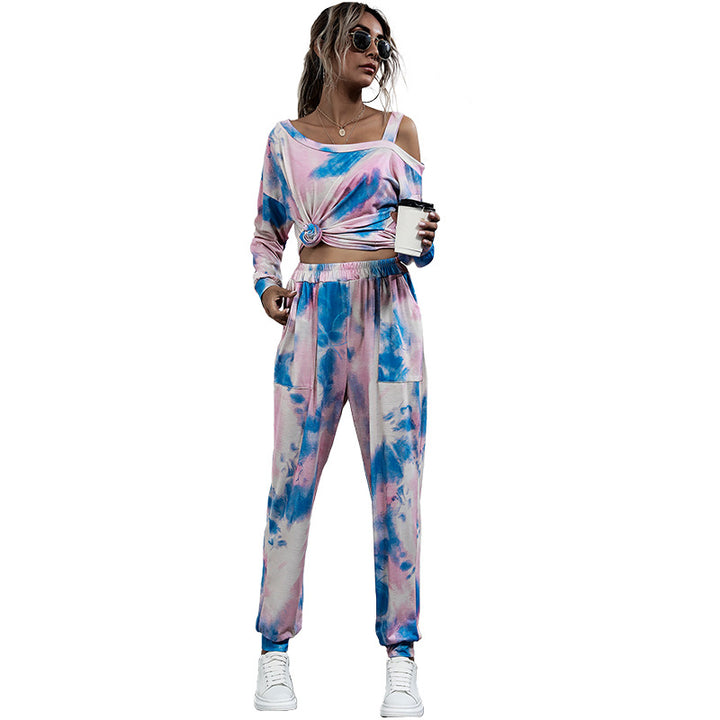 Women's Casual Tie-Dye Lounge Set with Off-Shoulder Crop Top & Jogger Pants Mune Fashion