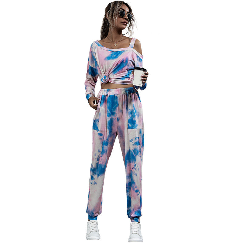 Women's Casual Tie-Dye Lounge Set with Off-Shoulder Crop Top & Jogger Pants Mune Fashion