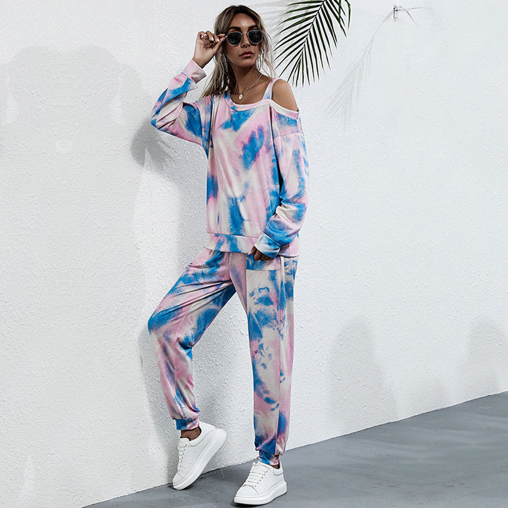 Women's Casual Tie-Dye Lounge Set with Off-Shoulder Crop Top & Jogger Pants Mune Fashion