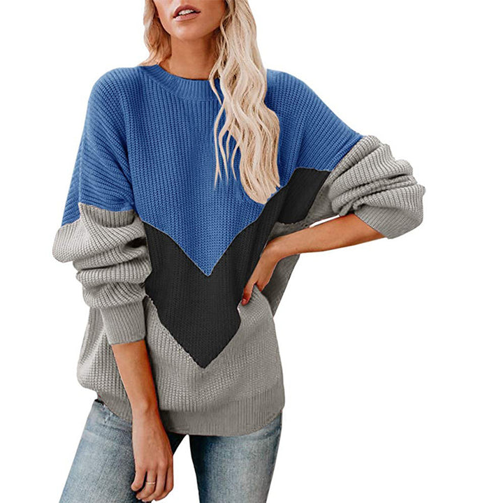Women's Oversize Colorblock Sweater with V Intarsia, Ribbed Cuffs and Structured Knit Mune Fashion
