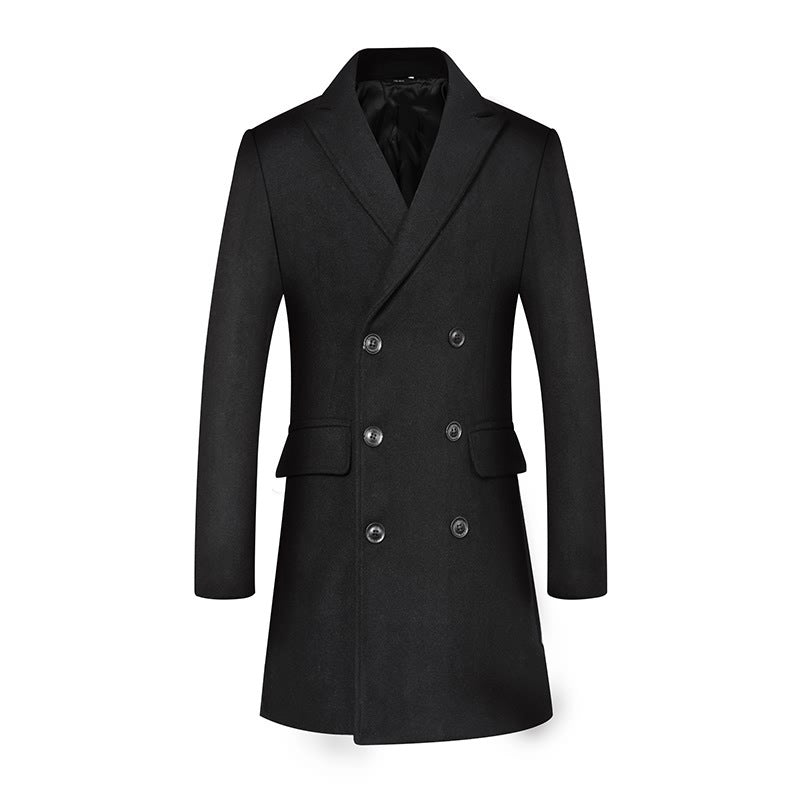 Men's Double-Breasted Wool Blend Short Coat with Narrow Lapels and Flap Pockets Mune Fashion