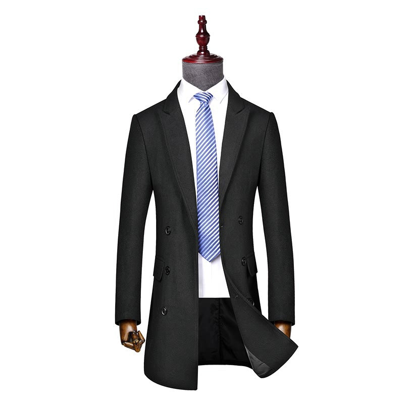 Men's Double-Breasted Wool Blend Short Coat with Narrow Lapels and Flap Pockets Mune Fashion