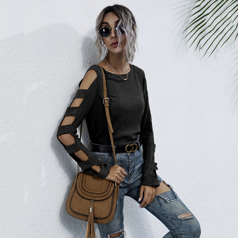 Women's ribbed knit sweater with cut-out sleeves and shoulder cutouts Mune Fashion