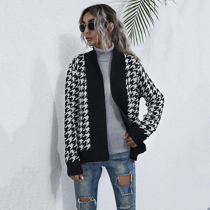 Women chunky knit cardigan in houndstooth with shawl collar and tie belt Mune Fashion