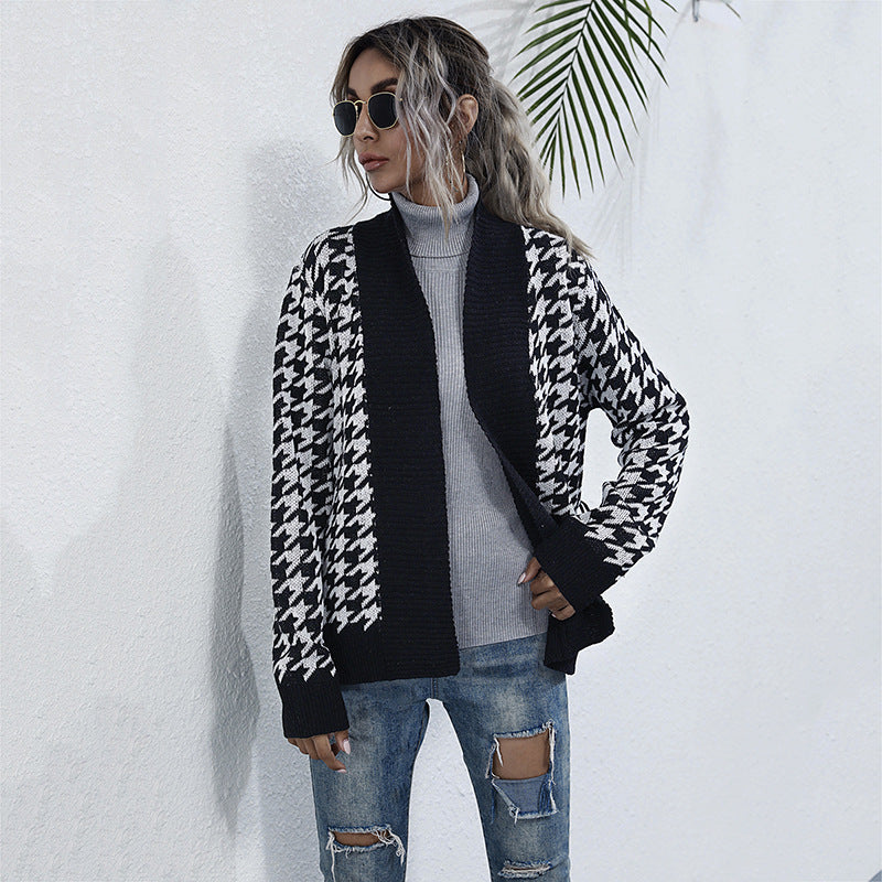 Women chunky knit cardigan in houndstooth with shawl collar and tie belt Mune Fashion