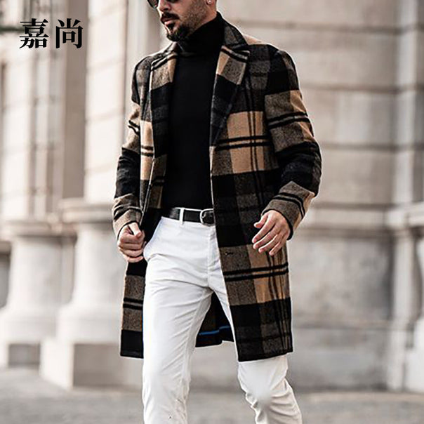 Men's Long Checkered Wool Blend Coat with Notch Collar and Slim Silhouette Mune Fashion