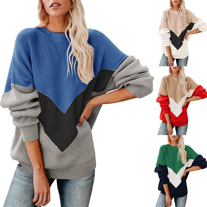 Women's Oversize Colorblock Sweater with V Intarsia, Ribbed Cuffs and Structured Knit Mune Fashion