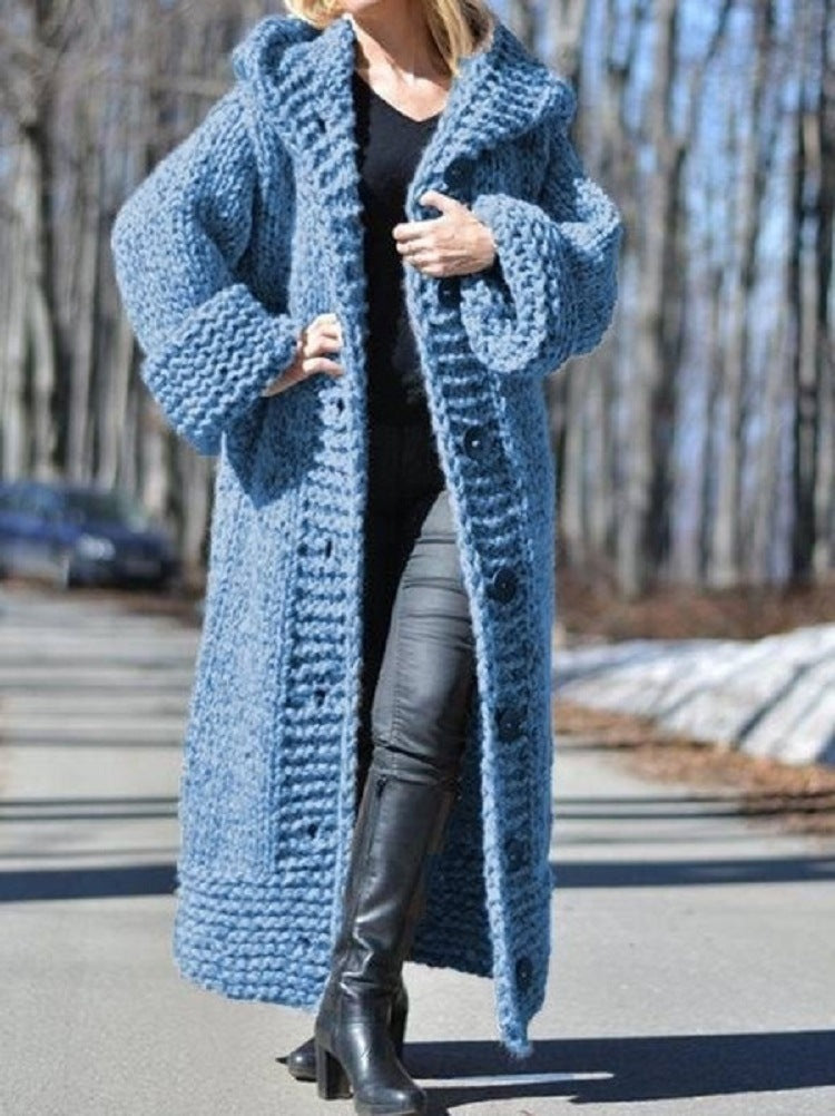 Women's Oversize Chunky Knit Maxi Coat with Hood and Button Placket Mune Fashion