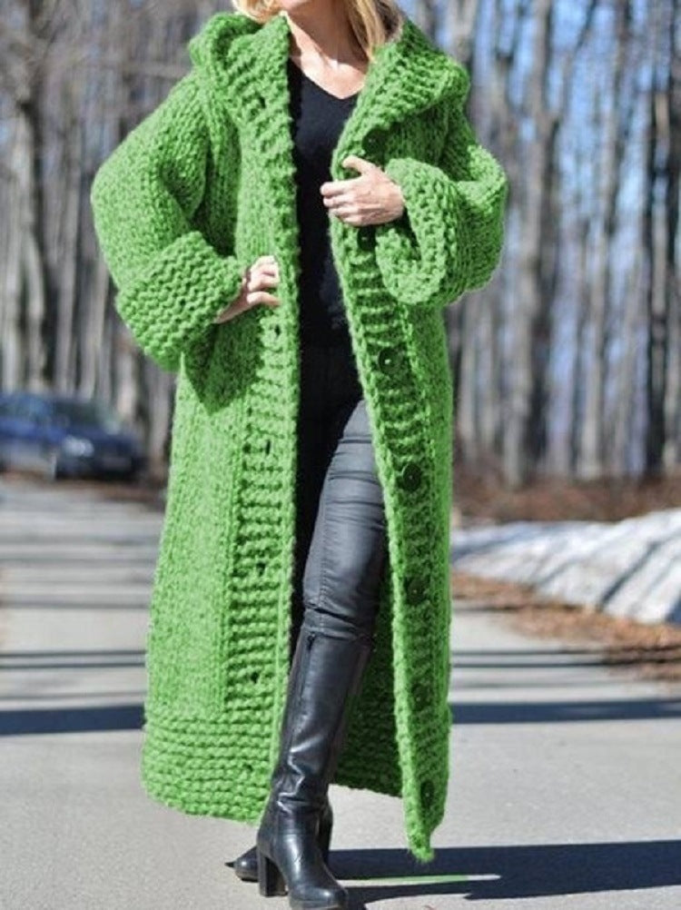 Women's Oversize Chunky Knit Maxi Coat with Hood and Button Placket Mune Fashion