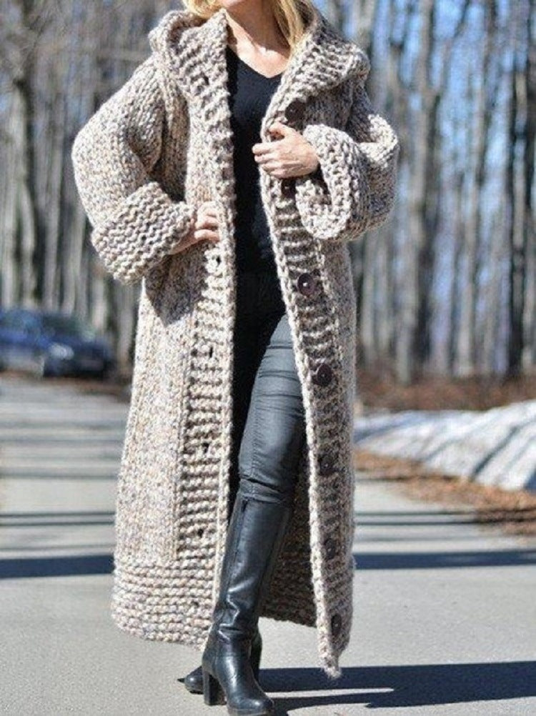 Women's Oversize Chunky Knit Maxi Coat with Hood and Button Placket Mune Fashion