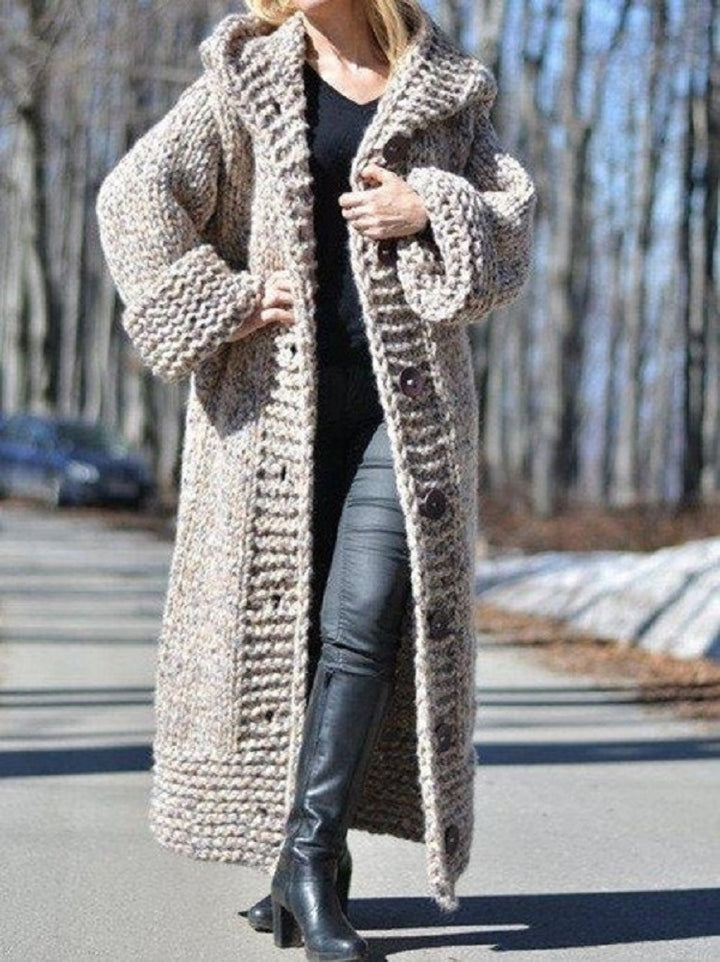 Women's Oversize Chunky Knit Maxi Coat with Hood and Button Placket Mune Fashion