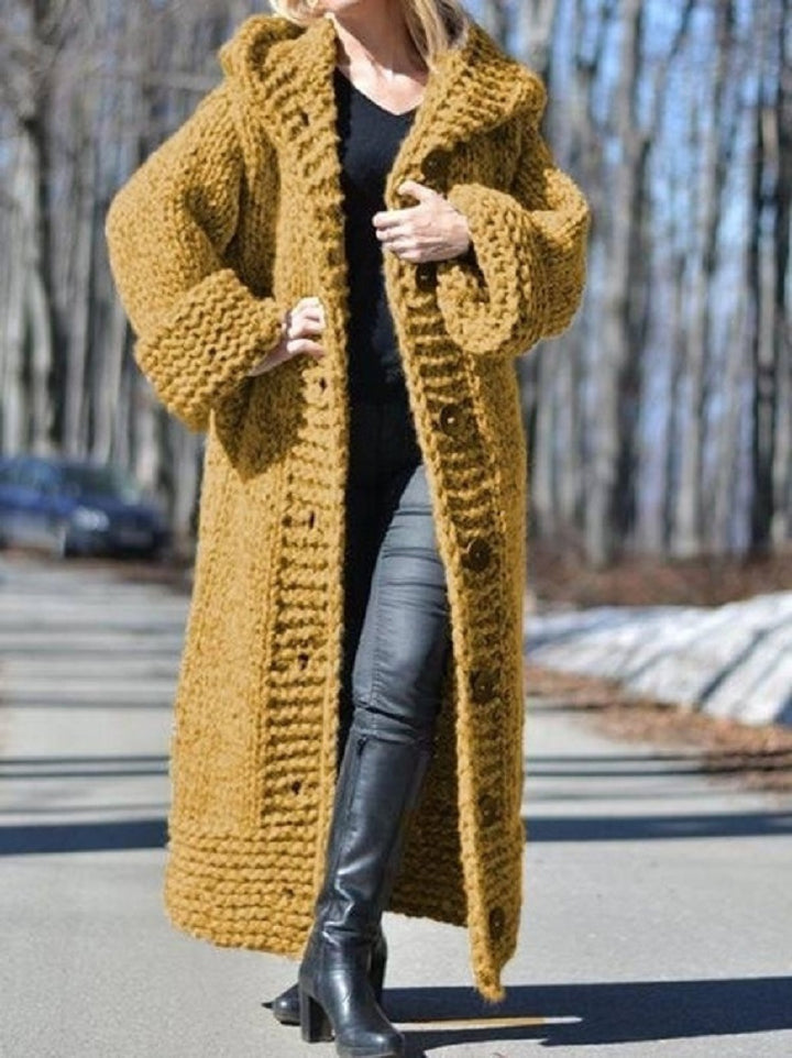 Women's Oversize Chunky Knit Maxi Coat with Hood and Button Placket Mune Fashion