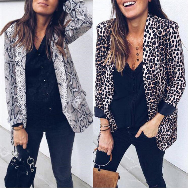 Women's Lightweight Long Blazer with Snake Print, Open Front and Patch Pockets Mune Fashion