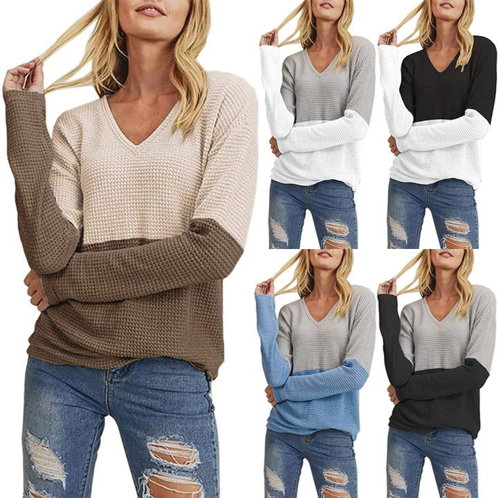 Women's Waffle Knit Sweater with V-Neck and Color Block Design Mune Fashion