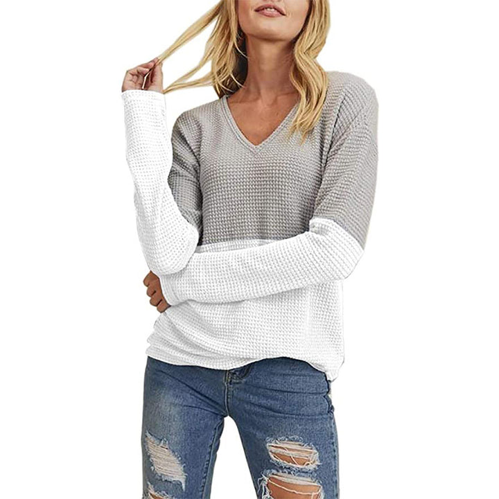 Women's Waffle Knit Sweater with V-Neck and Color Block Design Mune Fashion