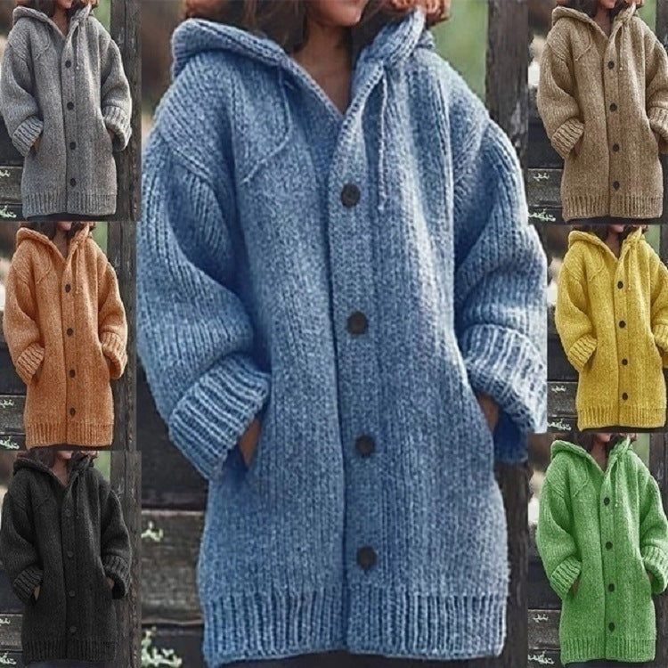 Women Long Slouchy Chunky Knit Coat Cardigan with Hood, Dropped Shoulder and Large Buttons Mune Fashion