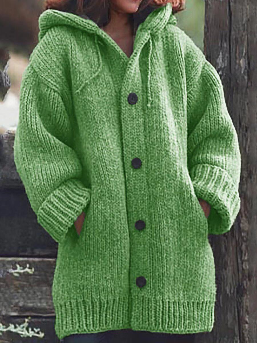 Women Long Slouchy Chunky Knit Coat Cardigan with Hood, Dropped Shoulder and Large Buttons Mune Fashion