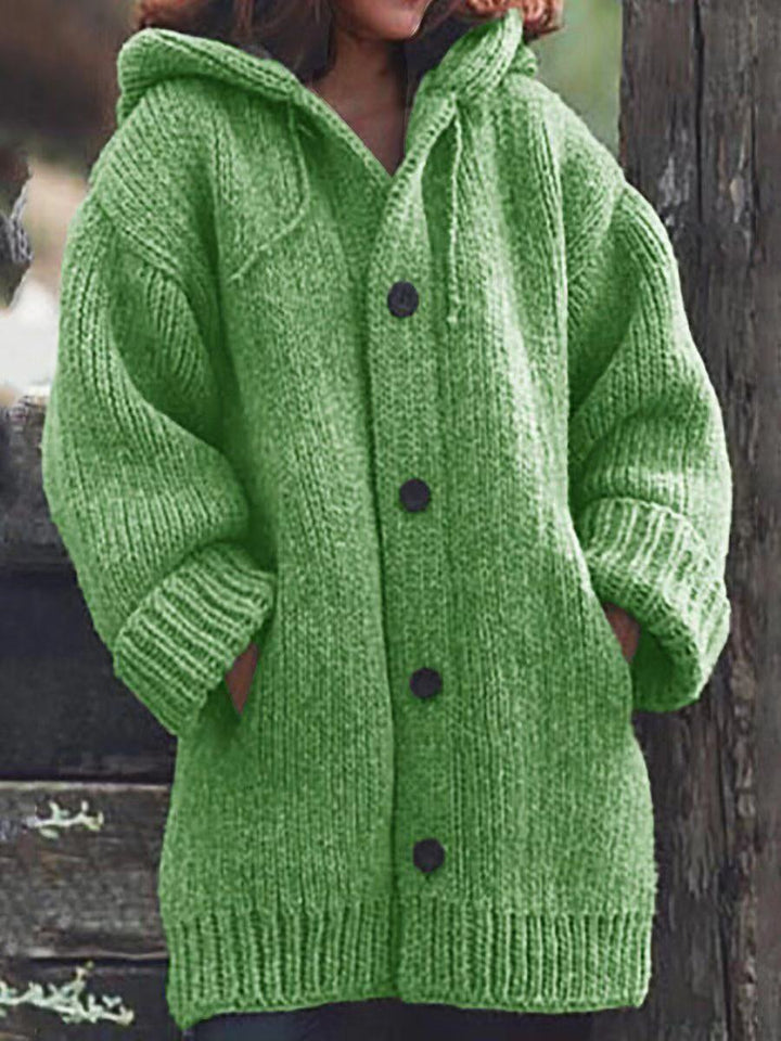 Women Long Slouchy Chunky Knit Coat Cardigan with Hood, Dropped Shoulder and Large Buttons Mune Fashion