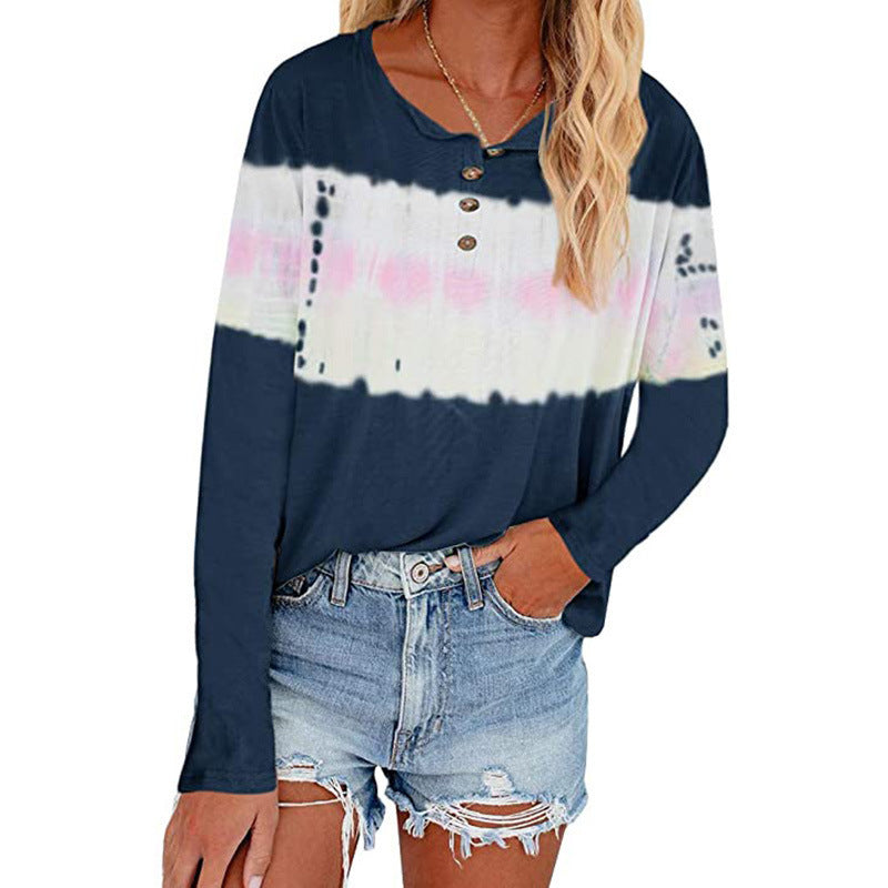 Women's Casual Long Sleeve Henley Shirt with Horizontal Tie-Dye Panel Drune