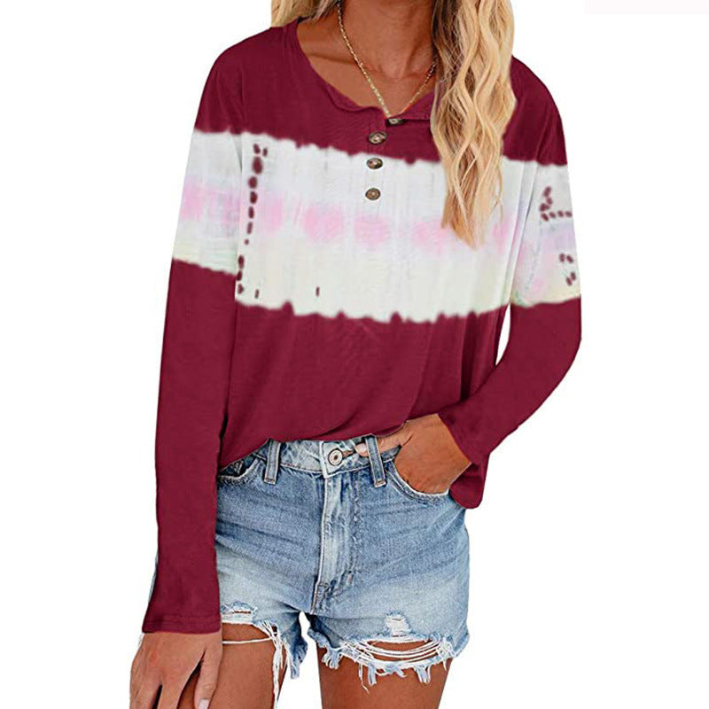Women's Casual Long Sleeve Henley Shirt with Horizontal Tie-Dye Panel Drune