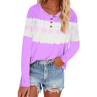 Women's Casual Long Sleeve Henley Shirt with Horizontal Tie-Dye Panel Drune