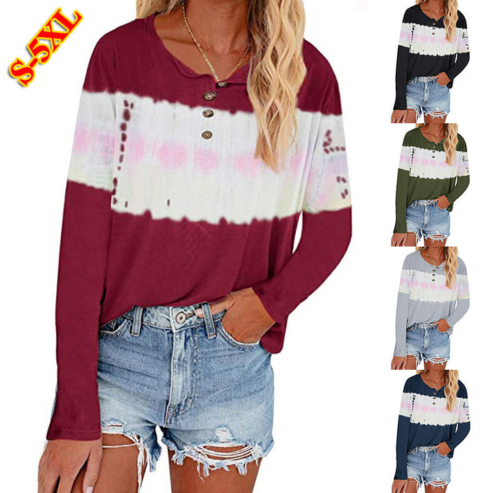 Women's Casual Long Sleeve Henley Shirt with Horizontal Tie-Dye Panel Drune