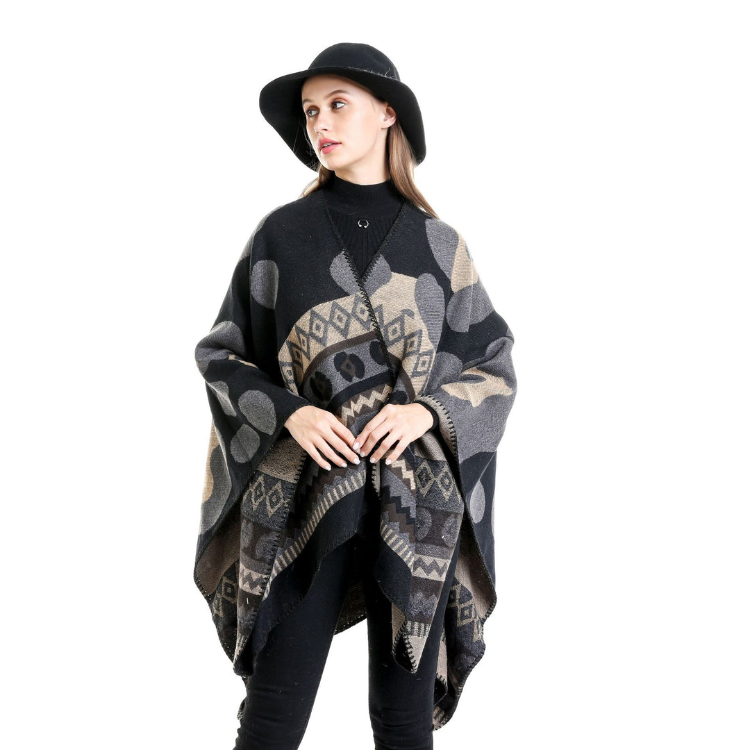 Women Jacquard Ruana Poncho with Ethno Jacquard and open oversized fall Mune Fashion