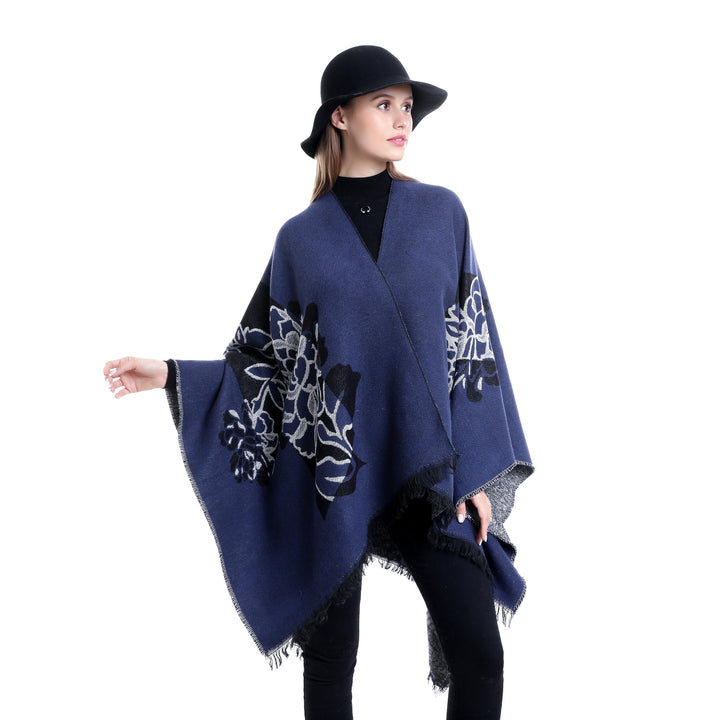 Women's Jacquard Ruana with floral motif, double-layered and fringed hem Mune Fashion