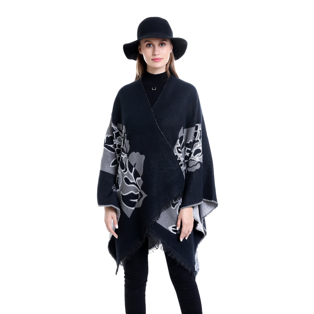 Women's Jacquard Ruana with floral motif, double-layered and fringed hem Mune Fashion